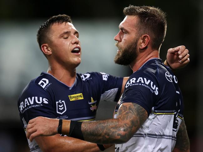 DARWIN, AUSTRALIA - APRIL 30:  Kyle Feldt of the Cowboys celebrates with his team mates after scoring a try during the round eight NRL match between the Parramatta Eels and the North Queensland Cowboys at TIO Stadium, on April 30, 2022, in Darwin, Australia. (Photo by Mark Kolbe/Getty Images)