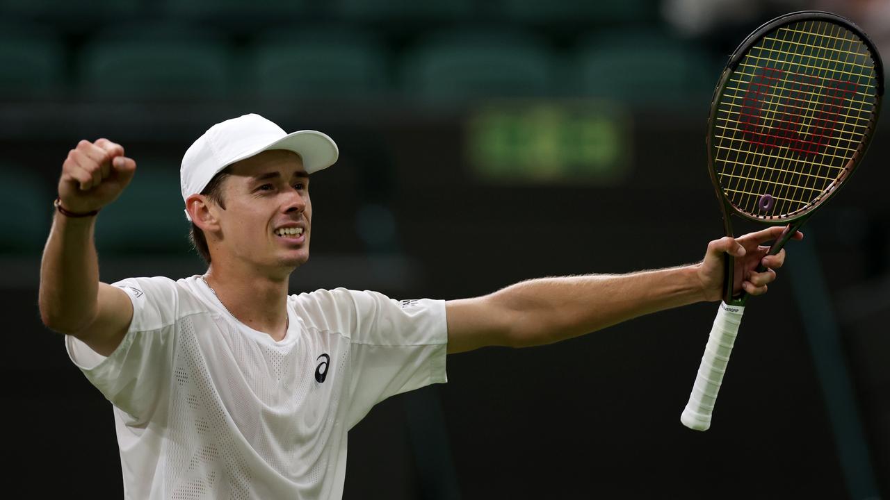 Alex de Minaur celebrates after winning match point against Jack Draper of Great Britain during their Men's Singles Second Round match. Picture: Clive Brunskill/Getty Images