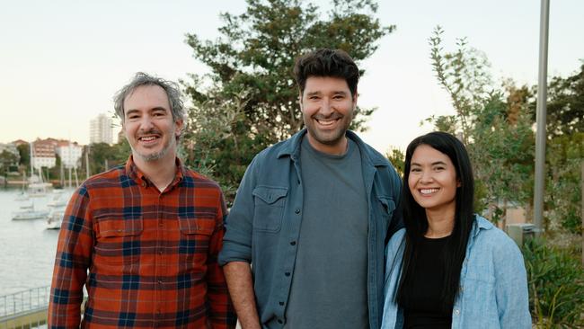 Leonardo.Ai founder JJ Fiasson (left) with two of Canva's co-founders, Cliff Obrecht and Melanie Perkins.