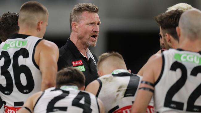 Collingwood coach Nathan Buckley breached the competition’s COVID-19 protocols with a tennis match last week. Picture: Getty Images