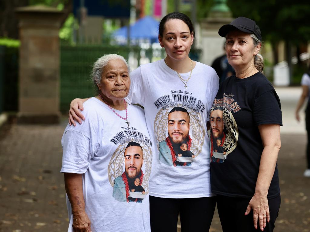 Family of deceased construction worker Daniel Talolua Sa’u’s mother, Segia Sa’ula, wife Jeraldine Sa’u and Luisa Etuale outside Parliament House Brisbane. Picture: Liam Kidston.