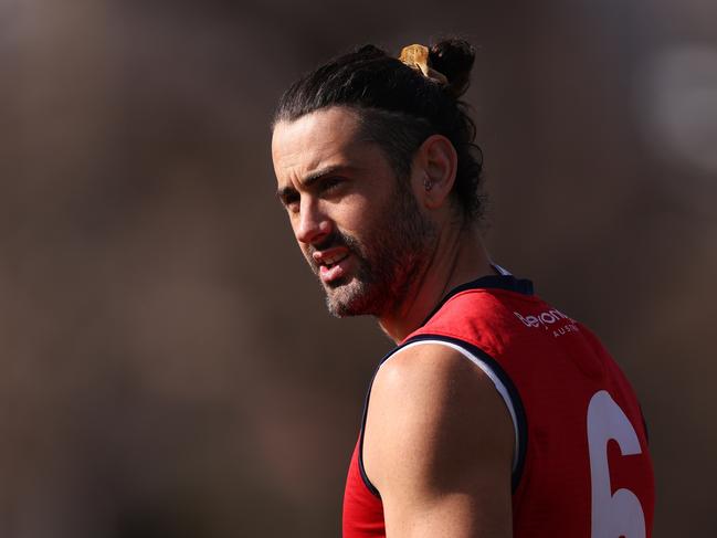 MELBOURNE, AUSTRALIA - SEPTEMBER 06: Brodie Grundy of the Demons looks on during a Melbourne Demons AFL training session at Gosch's Paddock on September 06, 2023 in Melbourne, Australia. (Photo by Robert Cianflone/Getty Images)