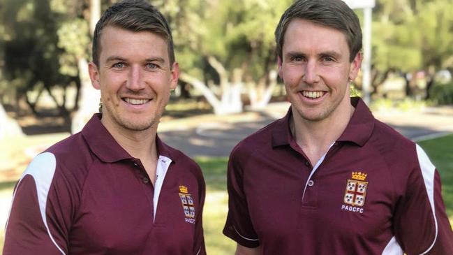 Prince Alfred Old Collegians playing-coach Craig Pitt (right) with former Melbourne and Port Adelaide player Jack Trengove. Picture: Prince Alfred Old Collegians Football Club