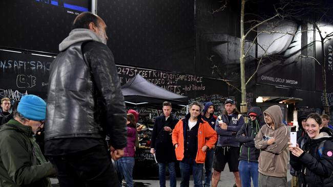 Tent city ‘mayor’ Priestly addresses the homeless in Martin Place last night. Picture: AAP