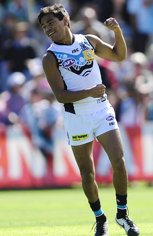 Port Adelaide's Jake Neade celebrates a goal. Picture: Justin Brierty