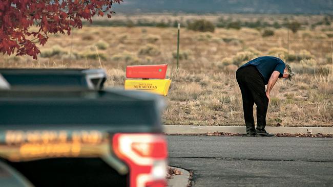 A distraught Alec Baldwin lingers in the parking lot outside the Santa Fe County Sheriff's offices on Camino Justicia after being questioned on October 20. Picture: Jim Weber/Santa Fe New Mexican