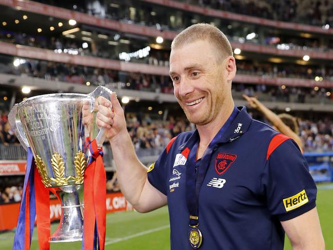 PERTH, AUSTRALIA - SEPTEMBER 25: Simon Goodwin, Senior Coach of the Demons celebrates with the premiership cup during the 2021 Toyota AFL Grand Final match between the Melbourne Demons and the Western Bulldogs at Optus Stadium on September 25, 2021 in Perth, Australia. (Photo by Dylan Burns/AFL Photos via Getty Images)