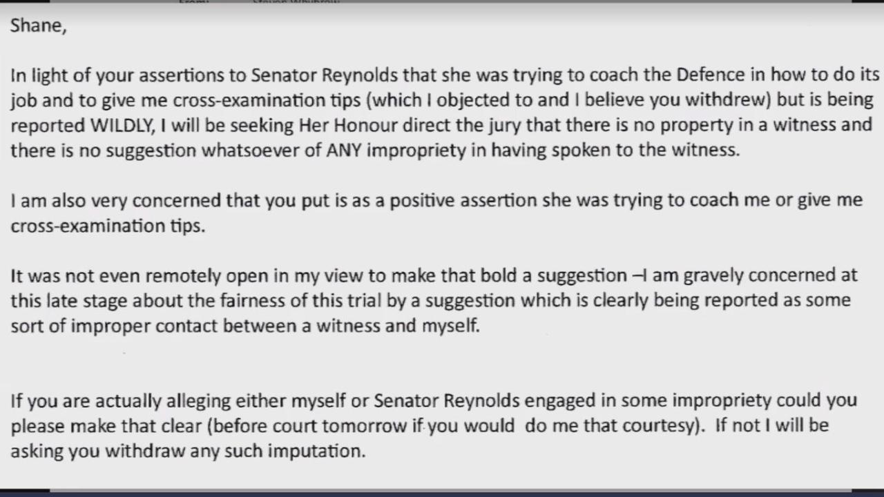 Email sent by Mr Whybrow to Mr Drumgold following his questioning in court.