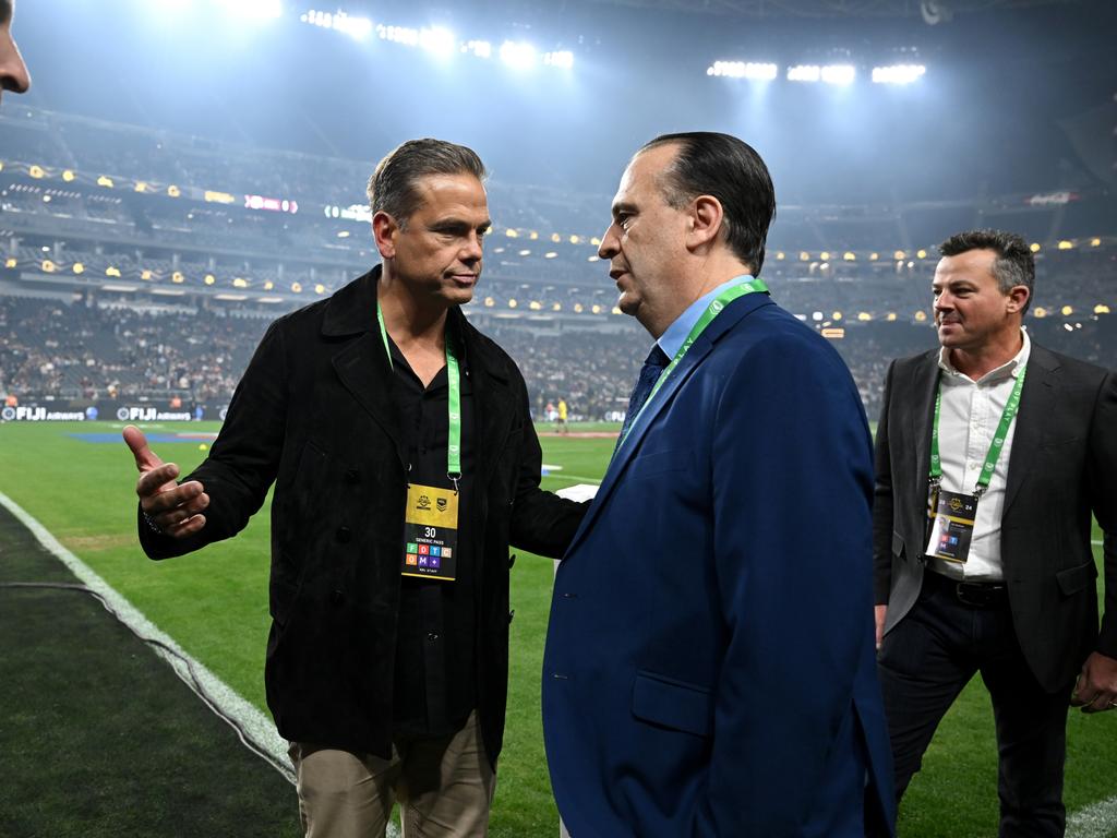 Lachlan Murdoch and Peter V’landys talk on Allegiant Stadium ahead of the match between the Manly Sea Eagles and South Sydney Rabbitohs. Picture: NRL Photos