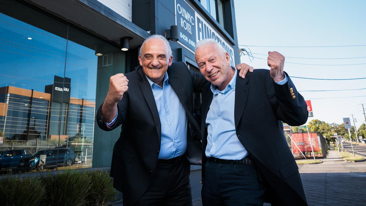 Chemist Warehouse founders Mario Verrocchi and Jack Gance celebrate their $30bn merger with Sigma at Preston’s Olympic Hotel. Picture: The Australian / Nadir Kinani