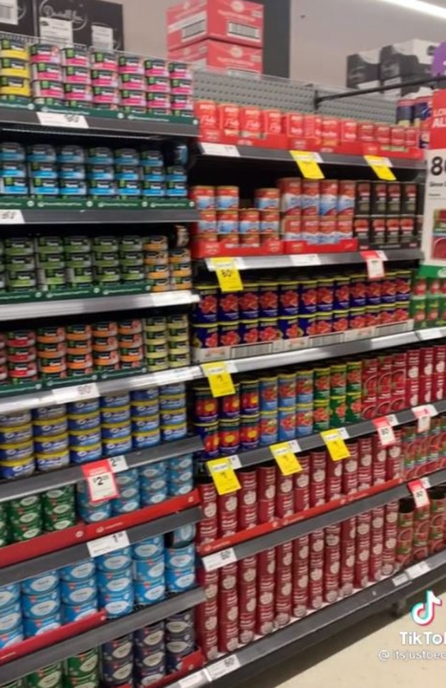 All the tins were stacked perfectly with the labels facing the front. Picture: TikTok/itsjustbecki