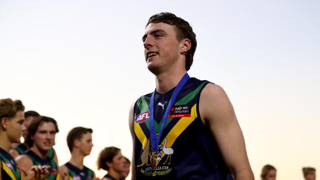 George Wardlaw was best-on-ground for the AFL Academy against Collingwood. Picture: Kelly Defina/AFL Photos/Getty Images