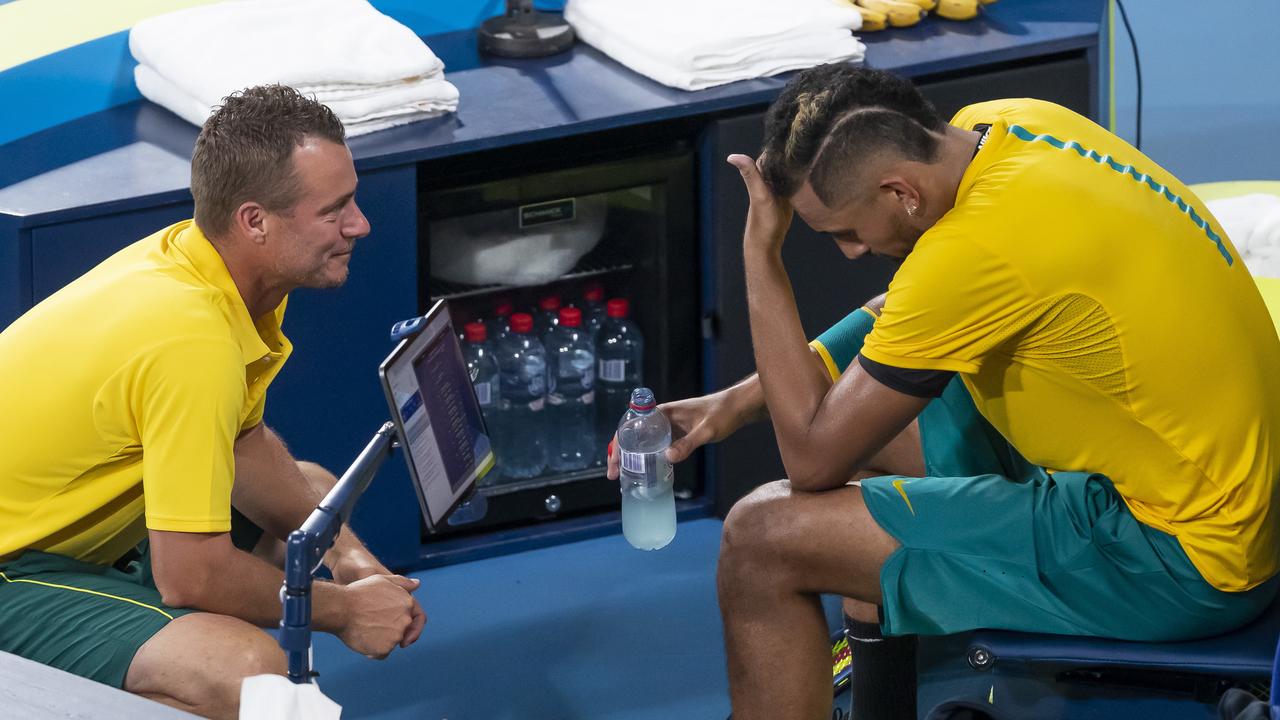 Nick Kyrgios with Lleyton Hewitt during a 2020 ATP Cup match. Picture: Craig Golding