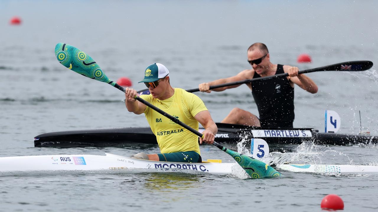 Former soldier Curtis McGrath of Team Australia on his way to victory in the men's kayak single 20om KL2 final A on September 7. Picture: Steph Chambers/Getty Images