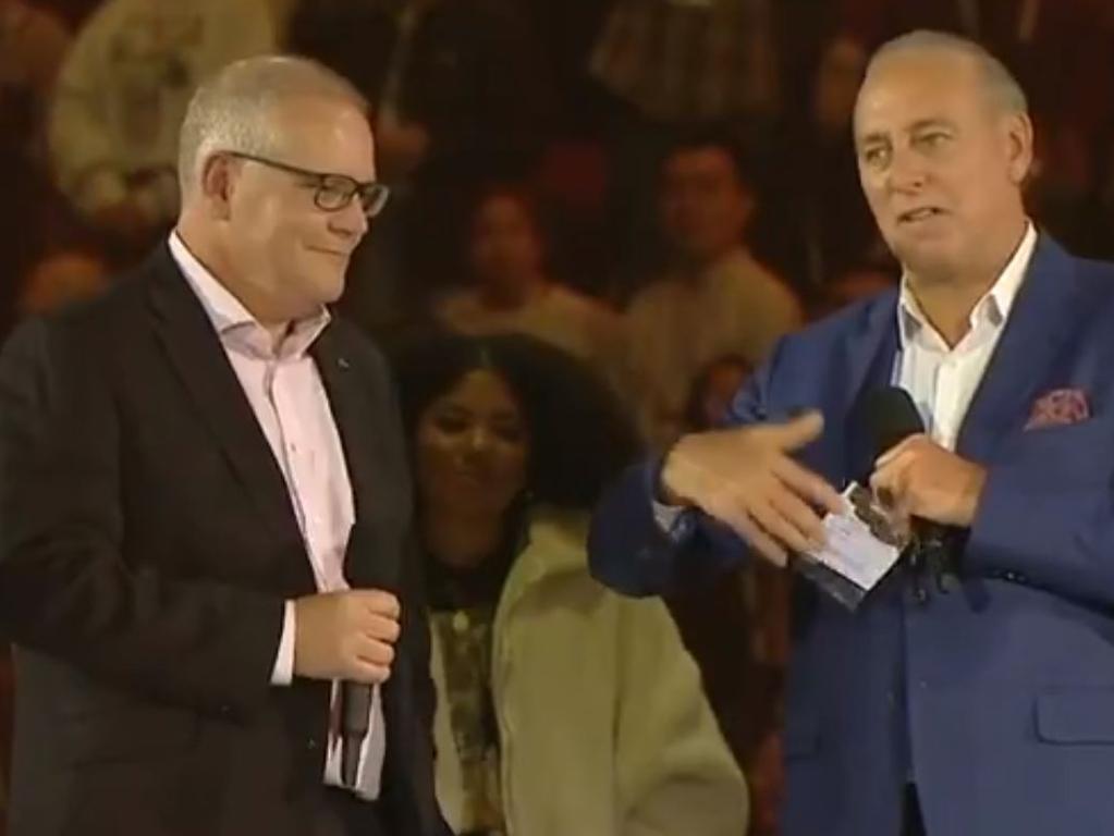 Australian PM Scott Morrison and his wife Jenny on stage at Hillsong with founder Brian Houston.