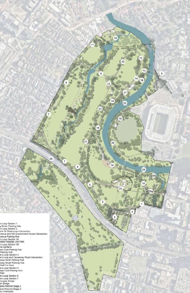 Bridges planned for Parramatta Park are marked as 23 (near Little Coogee) and 24 (CommBank Stadium).