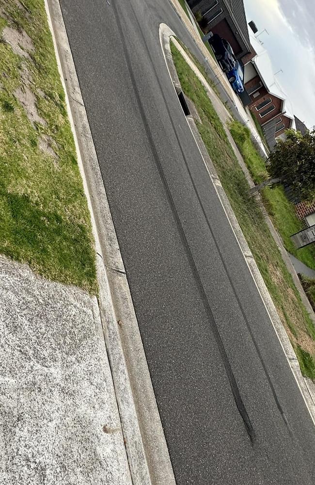 Skid marks out the front of Rachael Smith’s home. Picture: Supplied