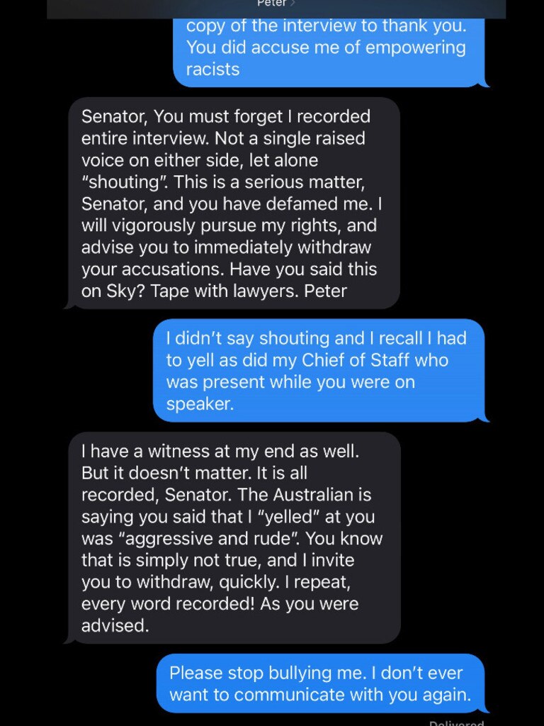 At the end of the exchange Senator Price asked FitzSimons to ‘please stop bullying me’. Picture: Supplied