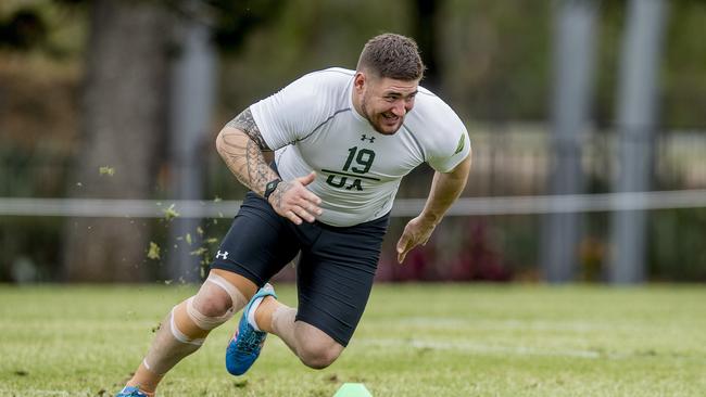 Addison Demetriou in a drill at the NFL International Combine draft, being held at the RACV Royal Pines Resort Gold Coast. Picture: Jerad Williams