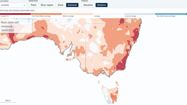 Bureau of Meteorology Soil Moisture map – dark brown is driest one per cent of years on record.