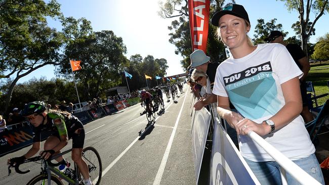 Kerri McCarthy, the wife of Jay McCarthy, at the Tour Down Under on Wakefield Rd. Picture: Bernard Humphreys