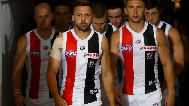 St Kilda captain Jarryn Geary leads his team out.