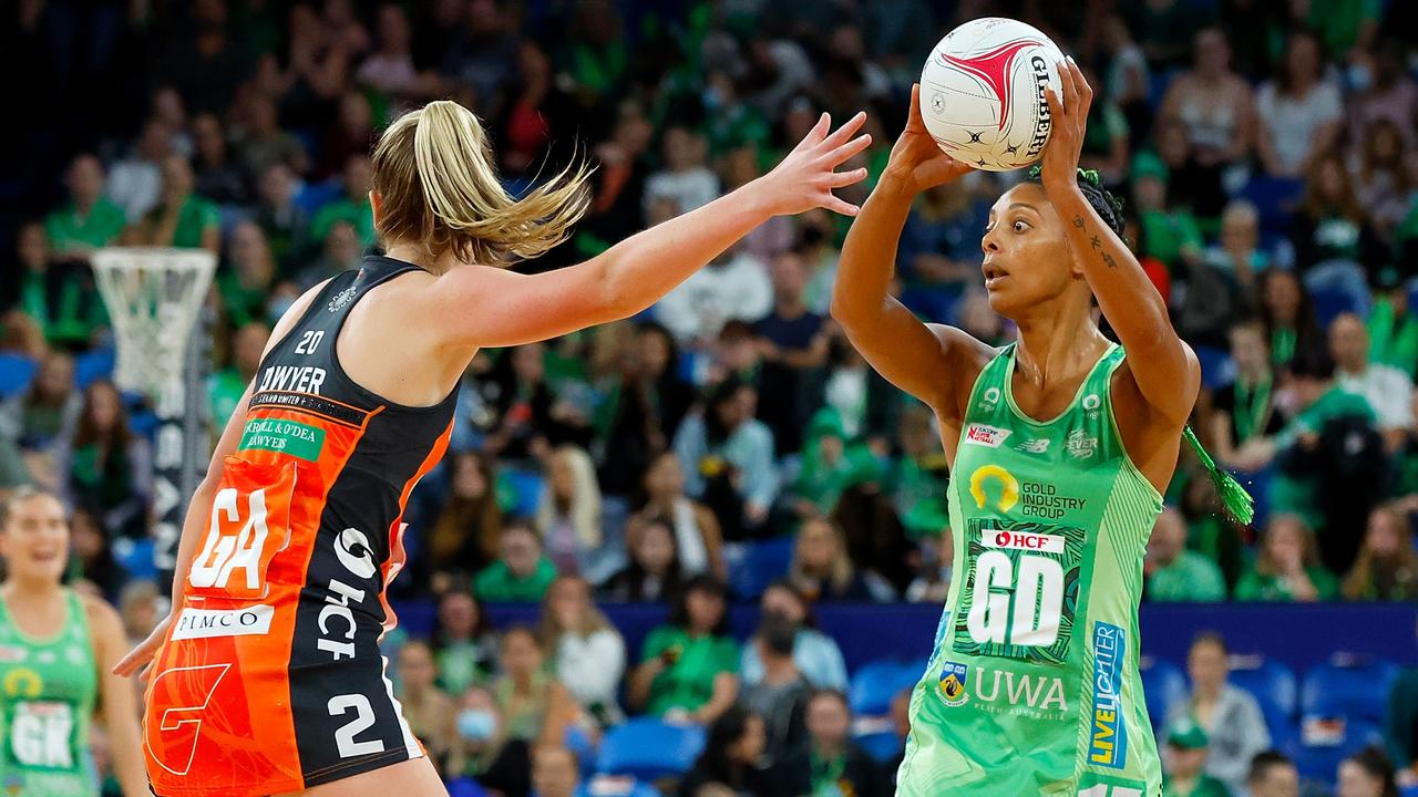 PERTH, AUSTRALIA - MAY 22: Stacey Francis-Bayman of the Fever looks to pass down the court during the round 11 Super Netball match between West Coast Fever and GWS Giants at RAC Arena, on May 22, 2022, in Perth, Australia. (Photo by James Worsfold/Getty Images)