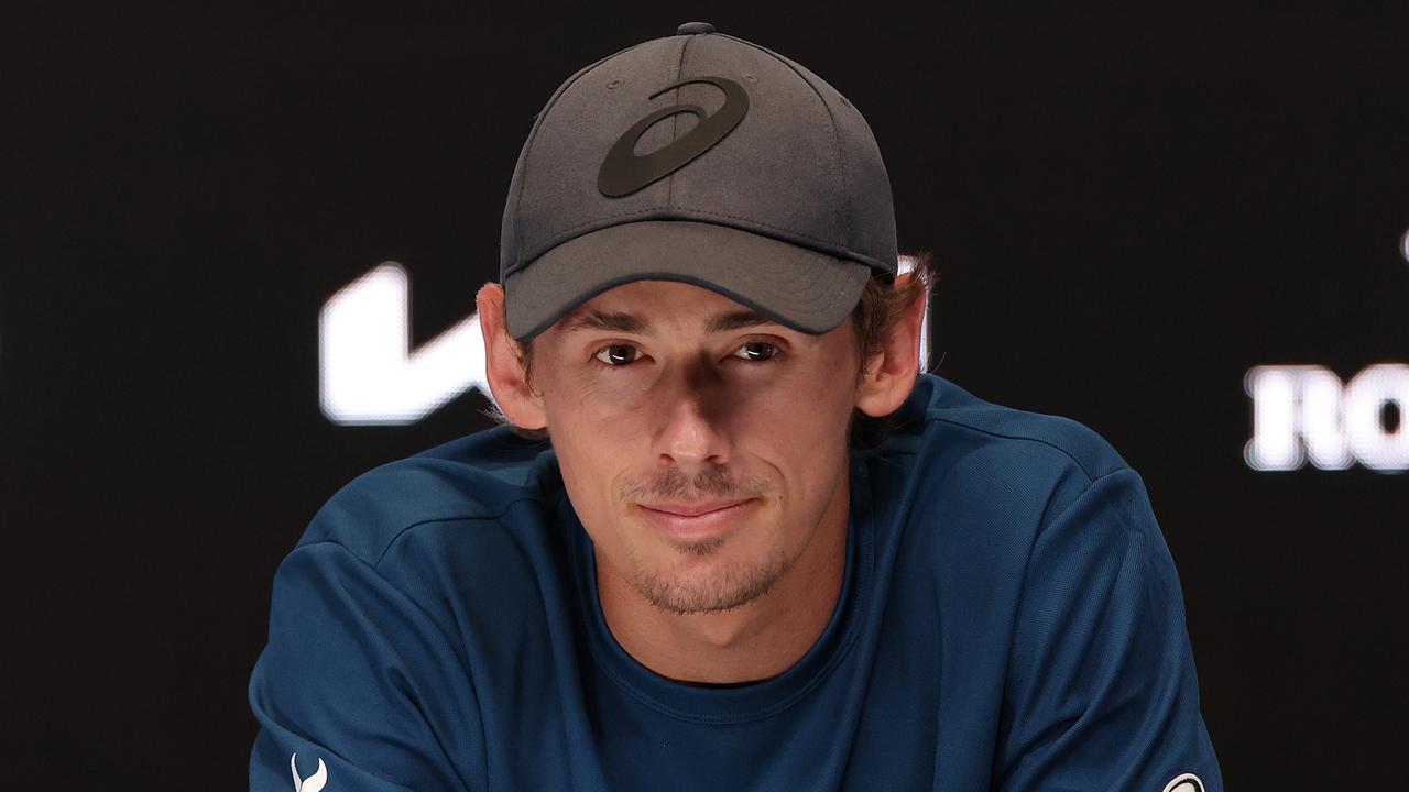 MELBOURNE, AUSTRALIA - JANUARY 12: Alex de Minaur of Australia speaks during a press conference ahead of the 2024 Australian Open at Melbourne Park on January 12, 2024 in Melbourne, Australia. (Photo by Kelly Defina/Getty Images)