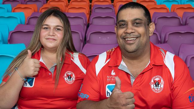 Ash Perez and Marley Perez at the Gold Coast Suns AFL match vs Adelaide Crows at TIO Stadium Pic: Pema Tamang Pakhrin