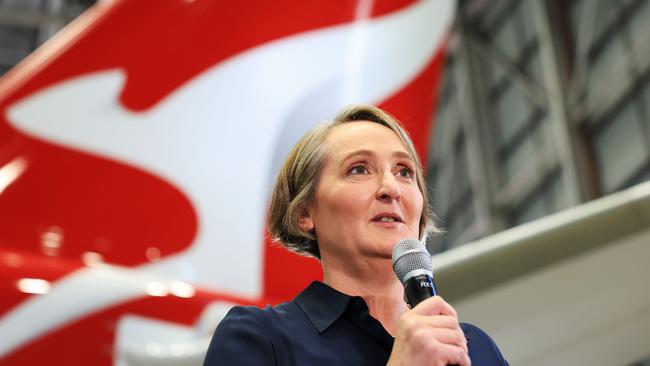 Qantas chief executive Vanessa Hudson speaks with assembled media on Thursday in Hangar 96. Picture: Getty Images