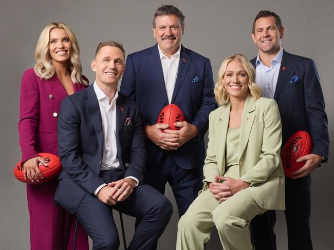 Channel 7 footy commentators Abbey Holmes, Joel Selwood, Brian Taylor, Erin Phillips and Luke Hodge. Picture: Channel 7