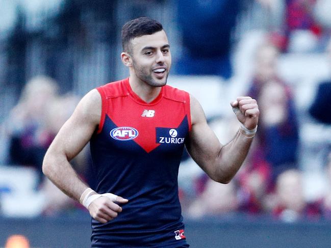 Christian Salem of the Demons celebrates a goal during the Round 20 AFL match between the Melbourne Demons and the Gold Coast Suns at the MCG in Melbourne, Sunday, August 5, 2018. (AAP Image/Daniel Pockett) NO ARCHIVING, EDITORIAL USE ONLY