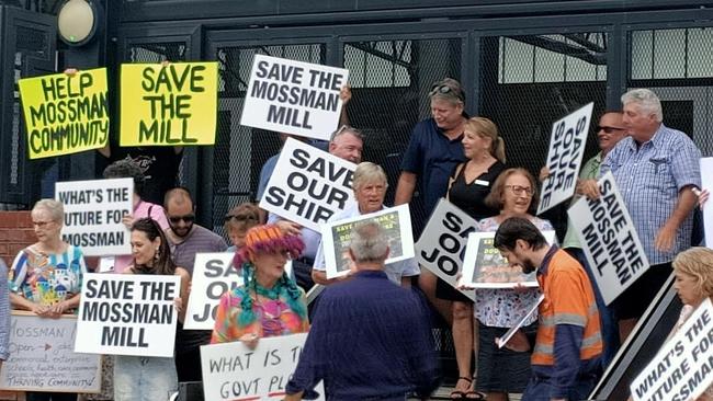 About 50 Mossman and Douglas Shire residents held a demonstration out the front of a community cabinet meeting in Cairns on Wednesday, advocating for the government to step in and offer the Mossman mill a lifeline. It prompted Premier Steven Miles to announce a $12m package. Picture: Supplied