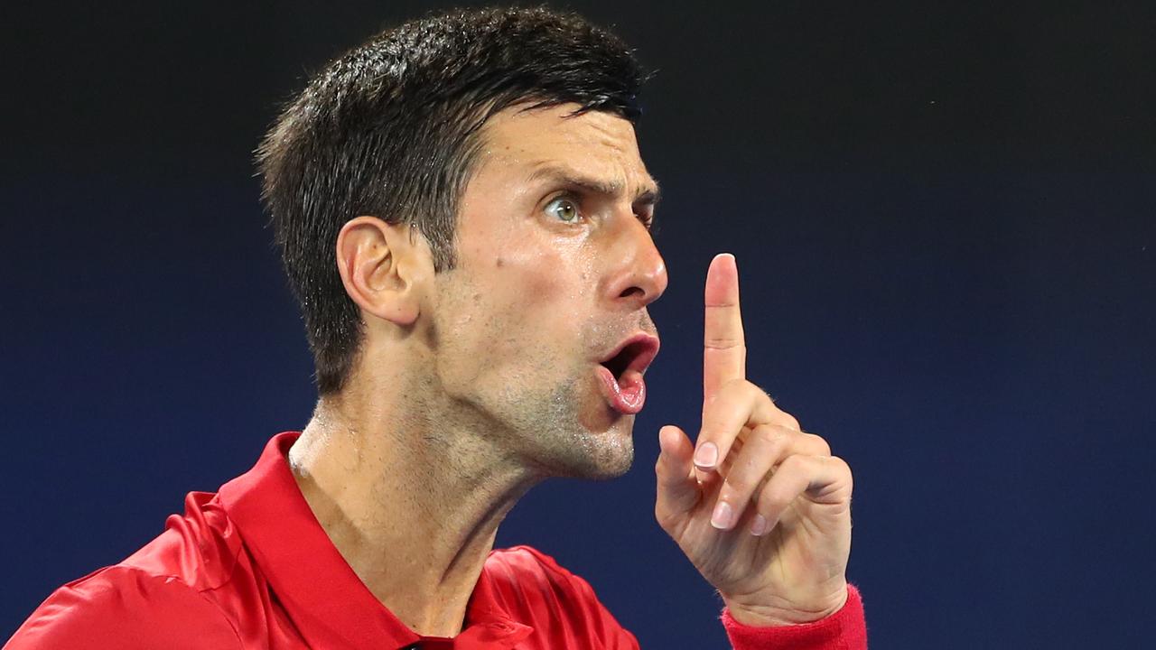 Novak Djokovic reacts to the crowd in his match against Kevin Anderson.