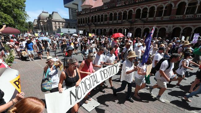 The Freedom Rally in the Brisbane CBD on Saturday. Picture: Annette Dew