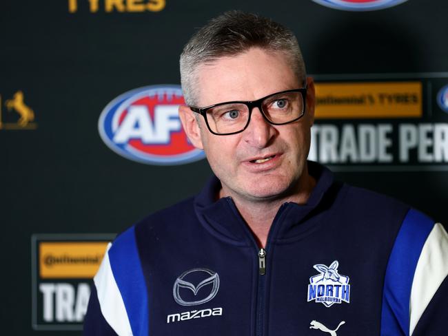 MELBOURNE, AUSTRALIA - OCTOBER 07: Brady Rawlings, North Melbourne GM of Football speaks during the 2024 Continental Tyres AFL Trade Period at Marvel Stadium on October 07, 2024 in Melbourne, Australia. (Photo by Josh Chadwick/AFL Photos via Getty Images)