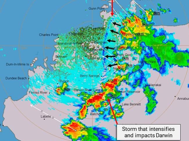 A radar image of the storm approaching Darwin on 8.05pm Saturday, October 8 2022. Picture: Weatherwatch