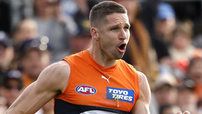 Giants Jesse Hogan celebrates kicking a goal  during the AFL Round 21 match between the GWS Giants and Hawthorn Hawks at Manuka Oval, Canberra on August 4, 2024. Photo by Phil Hillyard(Image Supplied for Editorial Use only - **NO ON SALES** - Â©Phil Hillyard )