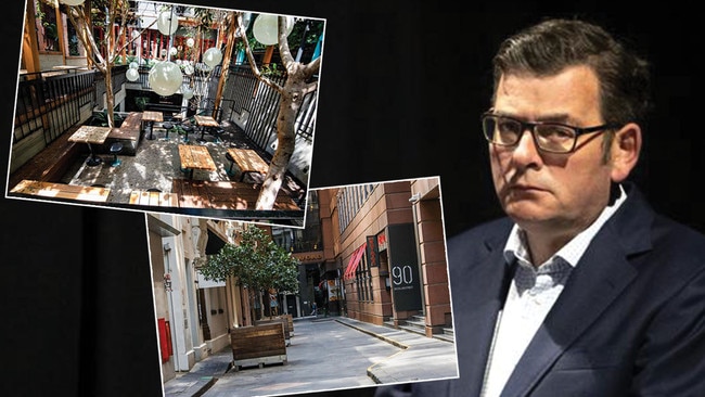 Dan Andrews, right, has at last relaxed restrictions on hospitality venues, top left, and stay-at-home orders which will see Melbourne's deserted streets, bottom, left, open for people again. Pictures: