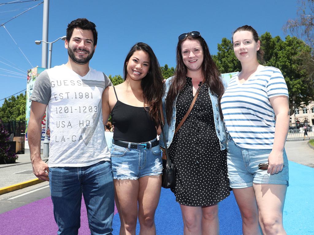 From left, Leo Krysa, of Canada, and Aleisha Ring, Louise Brennan and Laura McKinlay, all of Hobart. Picture: LUKE BOWDEN