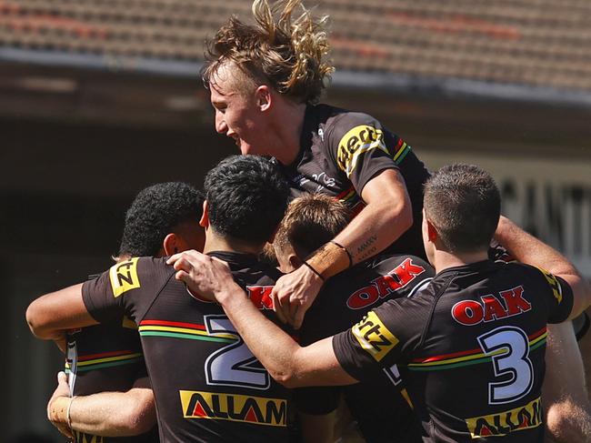 DAILY TELEGRAPH 15TH APRIL 2022Pictured at Ringrose Park in Wentworthville in western Sydney are Penrith Panthers players celebrating a try in their game against Illawarra Steelers during their finals game for the SG Ball Cup.Picture: Richard Dobson