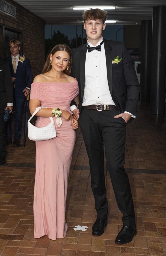 Jorja Durkin partners Kit Lilienstein to the Toowoomba Grammar School formal at Rumours International, Wednesday, November 13, 2024. Picture: Kevin Farmer