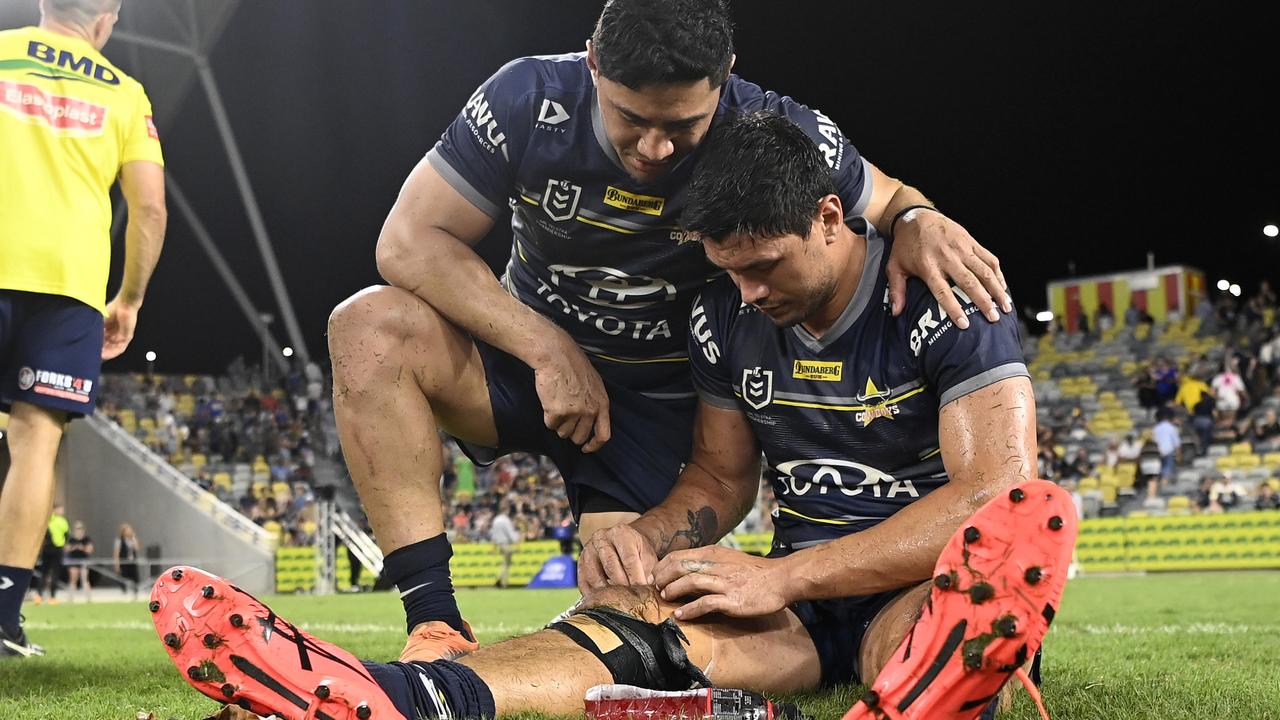 Jason Taumalolo and Jordan McLean were gutted after the Cowboys narrow loss. Picture: Ian Hitchcock/Getty Images