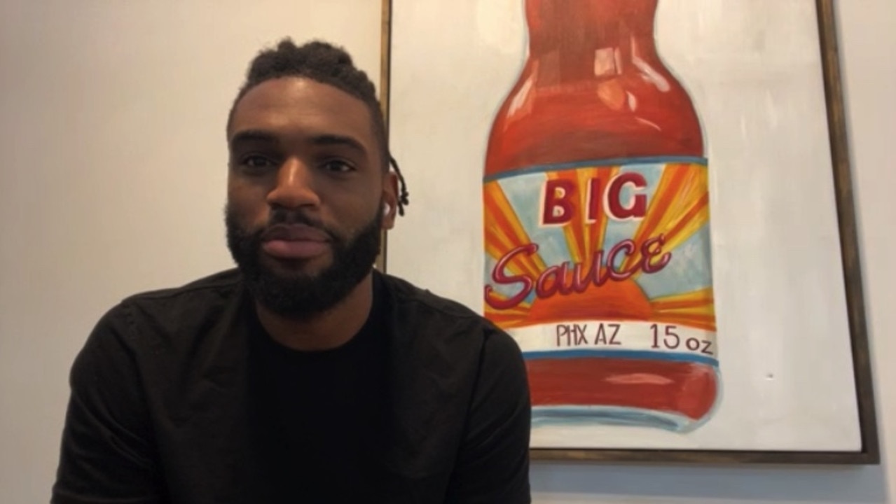 Big Sauce Alan Williams, new South East Melbourne Phoenix recruit, with the Big Sauce artwork in his Zoom background.