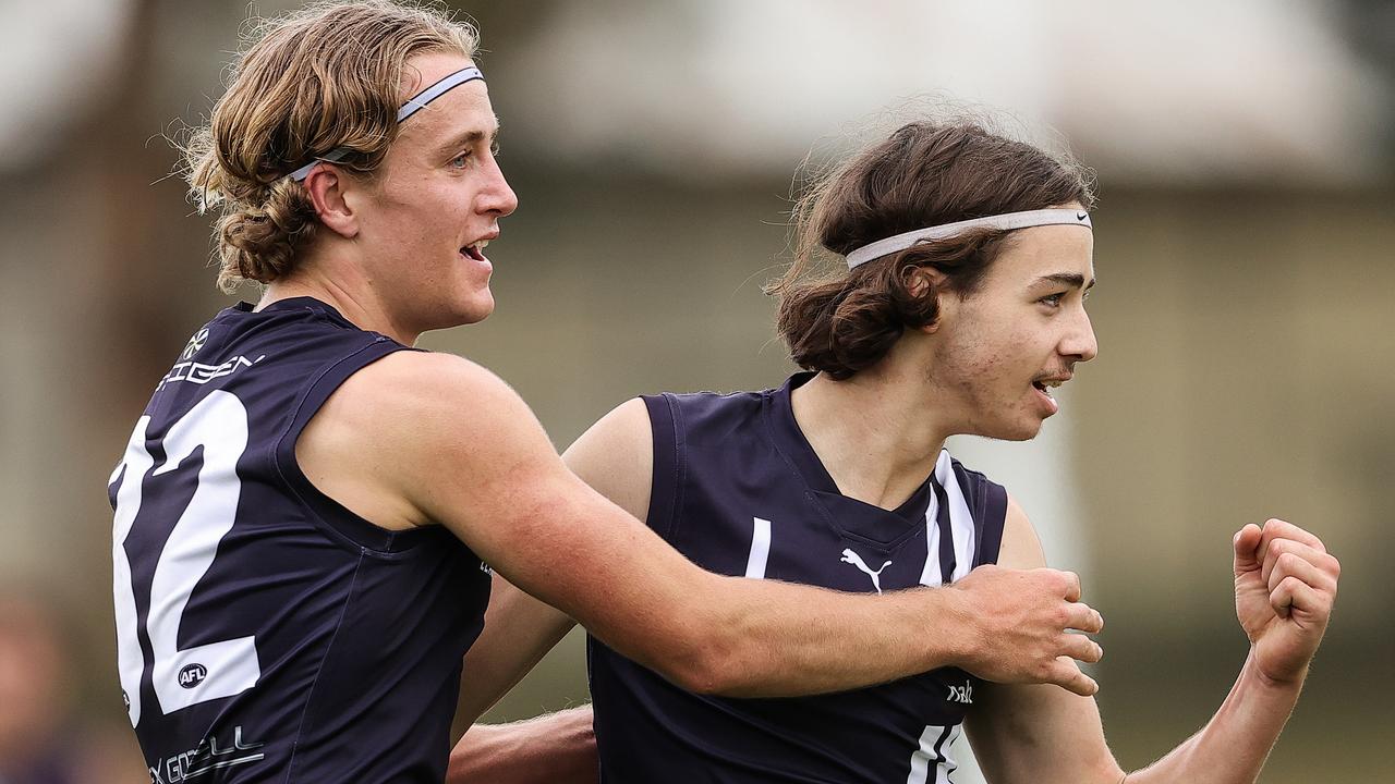 Geelong Falcons’ Will Baker (right) celebrates a goal with teammate Noah Gadsby (left) against Bendigo Pioneers. Picture: Getty Images