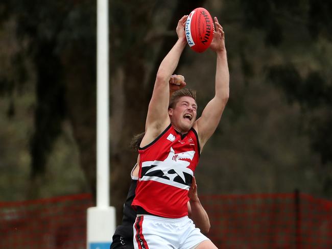 Michael Fowkes of Park Orchards marks during the EFL (division 3) second semi-final between Ringwood and park Orchards played at East Burwood Reserve on Saturday 2nd September, 2017. Picture: Mark Dadswell