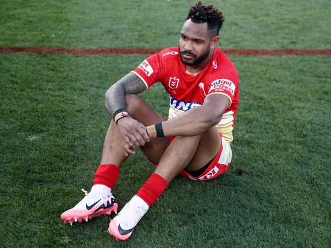 PENRITH, AUSTRALIA - JULY 21: Hamiso Tabuai-Fidow of the Dolphins looks dejected during the round 20 NRL match between Penrith Panthers and Dolphins at BlueBet Stadium on July 21, 2024 in Penrith, Australia. (Photo by Jason McCawley/Getty Images)