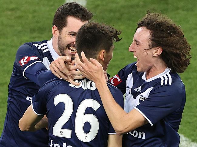 MELBOURNE, AUSTRALIA - JUNE 06: Lleyton Brooks of the Victory celebrates after scoring a goal during the A-League match between Melbourne Victory and Melbourne City at AAMI Park, on June 06, 2021, in Melbourne, Australia. (Photo by Robert Cianflone/Getty Images)