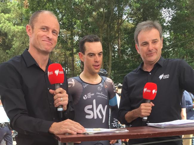 Mike Tomalaris (far right) at the Tour de France. Photo: Supplied