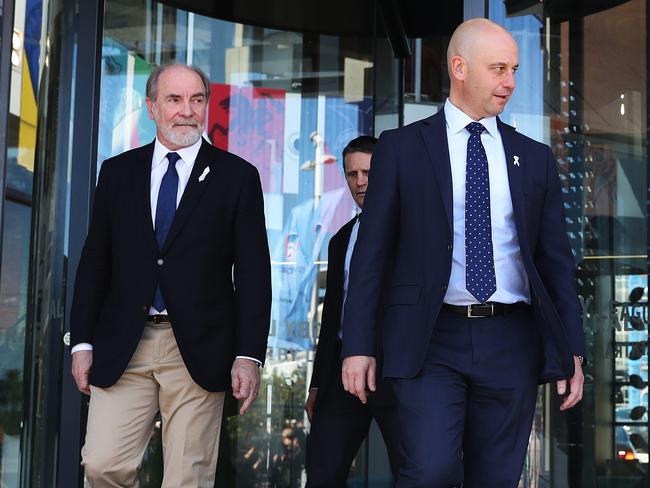 John Grant and Todd Greenberg address the media on the progress of club licence negotiations. Picture: Brett Costello